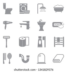 Toilet And Bathroom Icons. Gray Flat Design. Vector Illustration. 