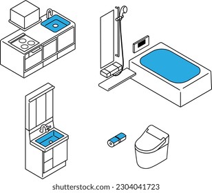 Artículos de aseo, baño, cocina, equipo de agua, conjunto de ilustraciones