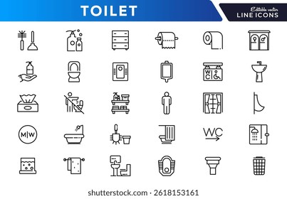 Toilet and bathroom linear icon set. Restrooms, public toilet, women, men, mother and child, hygiene, outline vector icon collection. UI thin outline icon