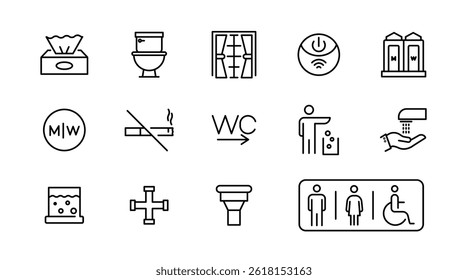 Toilet and bathroom linear icon set. Restrooms, public toilet, women, men, mother and child, hygiene, outline vector icon collection. UI thin outline icon