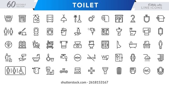 Toilet and bathroom linear icon set. Restrooms, public toilet, women, men, mother and child, hygiene, outline vector icon collection. UI thin outline icon