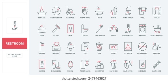 Toilette und Bad, Sanitäranlagen und Waschmittel, Kosmetiklinie Icons Set. WC- und Duschpiktogramm, Toilettenentdeckung, Reinigungswerkzeug dünne schwarze und rote Umrisssymbole Vektorillustration