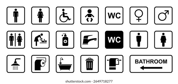 toilet, bathroom, WC or restroom signs for disabled, male, female, children. male and female sings set and bathroom signs including sanitizer, faucet, bathtub, bin, towel, shower, toilet paper