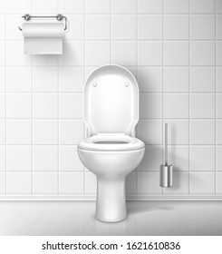 Toilet bowl in bathroom with tiled white wall and floor. Vector realistic interior of restroom, lavatory with open seat lid, paper roll and toilet brush. Illustration of empty modern WC