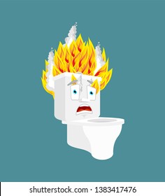 Toilet bowl burning isolated. lavatory Fire Cartoon Style. panicked Vector