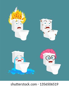 Toilet bowl emoji set. lavatory Smart and infected. Fire and crying. toilet Collection of situations