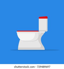 Toilet bowl flat style icon on blue background. Vector illustration.