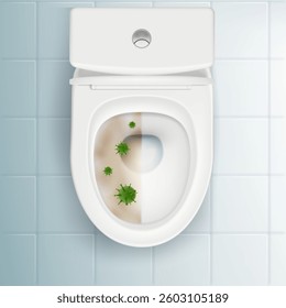 Toilet bowl half clean, half dirty with germs and bacteria. Vector illustration