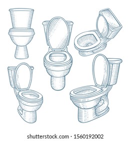 Toilet bowl. Hand drawn home toilet vector illustrations set. Sketch drawing of ceramic bathroom toilet in different angles views. Part of set.