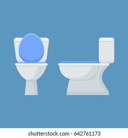 Toilet bowl isolated on blue background. Flat style icon. Front and side view. Vector illustration. 