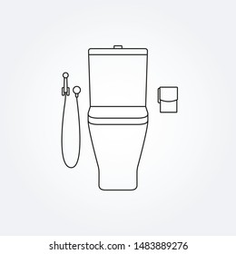 Toilet bowl line icon with toilet paper and hygienic shower. Vector illustration.