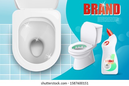 Toilet bowl liquid cleaner advertisement banner with realistic cleaning product bottle mockup. Marketing ad template with clean 3D toilet - vector illustration