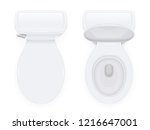 Toilet bowl with open and closed cover for water closet. Top view sanitary equipment for domestic bathroom. Realistic ceramic pan. Cleaning wc design. Isolated white. EPS10 vector illustration.
