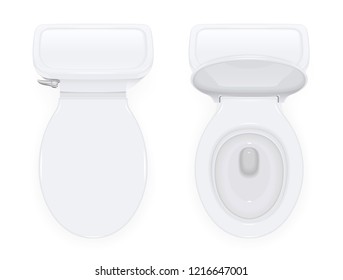 Toilet bowl with open and closed cover for water closet. Top view sanitary equipment for domestic bathroom. Realistic ceramic pan. Cleaning wc design. Isolated white. EPS10 vector illustration.