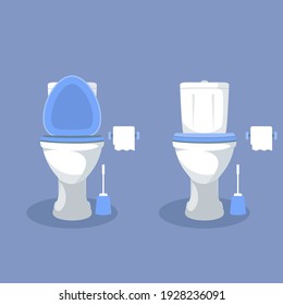 Toilet bowl with open toilet seat, paper and brush - wc icon, vector