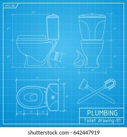 Toilet bowl outline. Front, side and top view. Vector illustration on blueprint background