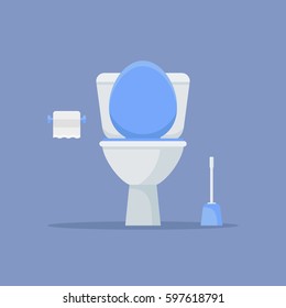 Toilet bowl, paper and brush isolated on blue background. Flat style vector illustration.