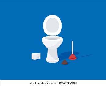 Toilet bowl, toilet paper, brush for toilet bowl and a poop. Modern toilet set in flat style. Isolated on background. Vector illustration.
