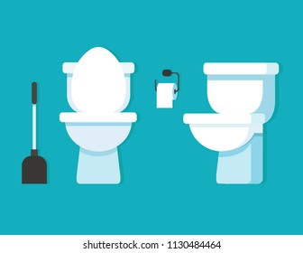 Toilet bowl, toilet paper, toilet brush. Vector illustration.