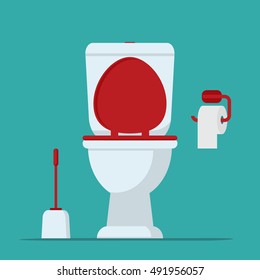 Toilet bowl, toilet paper and brush for toilet bowl. Vector illustration