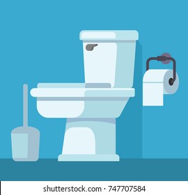 Toilet bowl and toilet paper. Flat vector