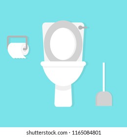 Toilet bowl with toilet paper roll. Simple flat cartoon vector illustration on white background