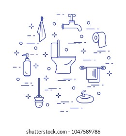Toilet bowl, toilet paper, soap dispenser, brush for toilet bowl, soap, towels, faucet, towel hooks. Design for poster or print.