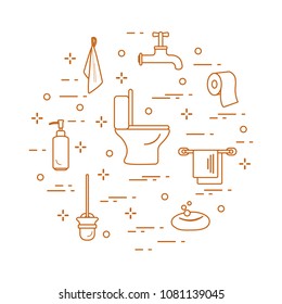 Toilet bowl, toilet paper, soap dispenser, brush for toilet bowl, soap, towels, faucet, towel hooks. Design for poster or print.