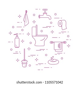 Toilet bowl, toilet paper, soap dispenser, brush for toilet bowl, soap, towels, faucet, towel hooks. Design for poster or print.