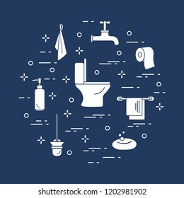 Toilet bowl, toilet paper, soap dispenser, brush for toilet bowl, soap, towels, faucet, towel hooks. Design for poster or print.