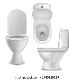 Toilet bowl realistic. Clean lavatory bathroom ceramic bowls group top, side and front view, white toilet basin. Cloakroom or restroom interior object. Closeup mockup vector isolated set