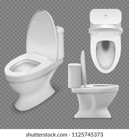 Toilet bowl. Realistic white home toilet in top and side view. Isolated vector illustration. Clean lavatory, ceramic closet for bathroom