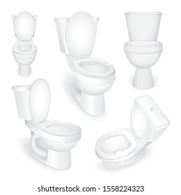 Toilet bowl. Realistic white home toilet vector illustrations set. Clean ceramic bathroom toilet in different angles views. Part of set.