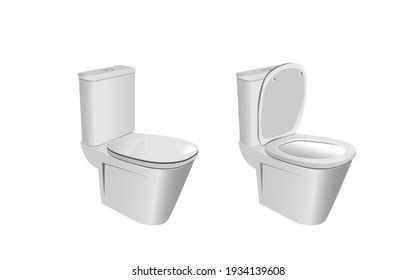 Toilet bowl. Realistic white house bathroom in side view. Ceramic cabinet for bathroom.