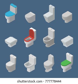 Toilet bowl and seat vector isometric icons toiletries flush and bathroom ceramic equipment or sanitary toilette in wc closet or lavatory with toiletware illustration isolated on background