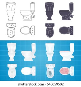 Toilet bowl silhouette. Front, side and top view