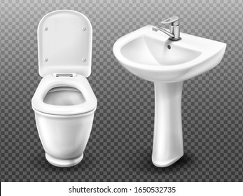 Toilet bowl and sink for bathroom, restroom, modern WC. Vector realistic white ceramic wash basin with tap and lavatory with flush tank and open seat lid isolated on transparent background