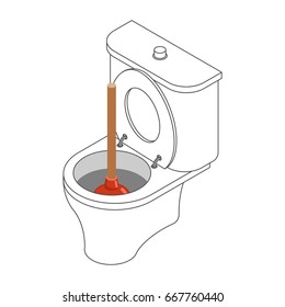 Toilet bowl and suction cup isometric. Restroom
