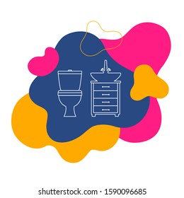 Toilet bowl and washbasin on it abstract streamlined shapes. WC icon modern style. Bright sign for the toilet room. Linear interior.