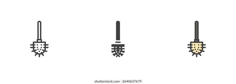 Toilet brush cleaner icon in three vector styles: line, solid, and filled outline colorful. Bathroom cleaning tool icon set and symbol for hygiene and sanitation.