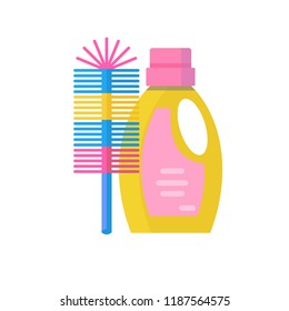 toilet brush and cleaning products in plastic bottle. Stock flat vector illustration.
