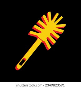 Toilet brush doodle. 3D Extruded Yellow Icon with Red Sides a Black background. Illustration.