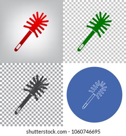 Toilet brush doodle. Vector. 4 styles. Red gradient in radial lighted background, green flat and gray scribble icons on transparent and linear one in blue circle.