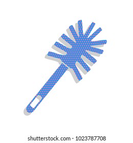 Toilet brush doodle. Vector. Neon blue icon with cyclamen polka dots pattern with light gray shadow on white background. Isolated.