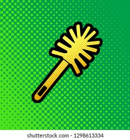 Toilet brush doodle. Vector. Pop art orange to yellow dots-gradient icon with black contour at greenish background.
