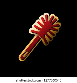 Toilet brush doodle. Vector. Red icon with small black and limitless shadows at golden sticker on black background.