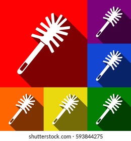 Toilet brush doodle. Vector. Set of icons with flat shadows at red, orange, yellow, green, blue and violet background.