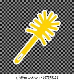 Toilet brush doodle. Vector. Yellow icon with white contour on dark transparent background.