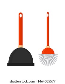 Toilet brush and plunger flat vector illustration. Housekeeping, unclogging and scrubbing tools.  