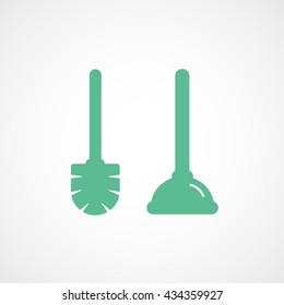 Toilet Brush and Plunger Green Flat Icon On White Background